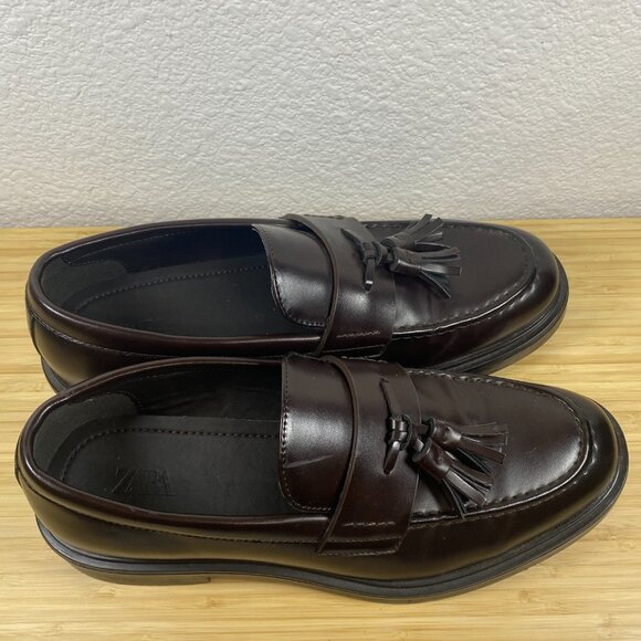 Zara Man Brown Leather Tassel Loafers Lug Sole Dress Shoes US 8 (Zara EU 41) - Picture 4 of 9